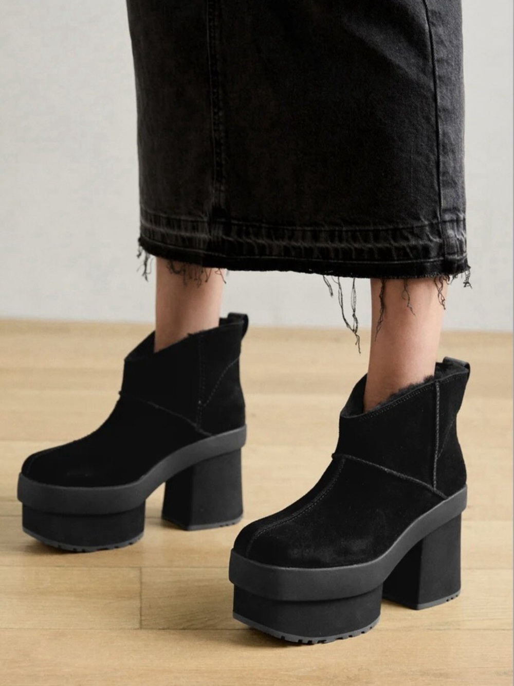 UGG New Heights Platform Mini Black Suede Heeled Boots Women’s 8 New No Box